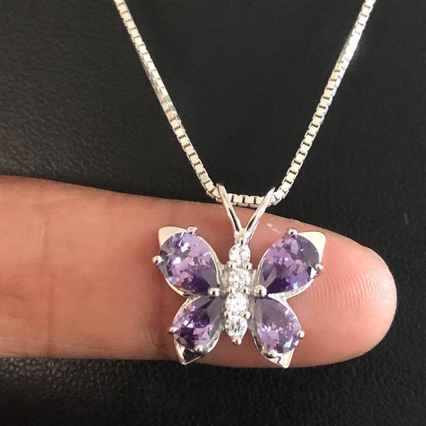 Collier papillon en améthyste, pendentif papillon en argent sterling, bijoux avec pierre de naissance de février, collier en améthyste CZ, pendentif à breloque papillon