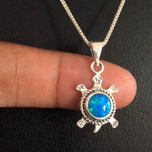 Opal Turtle Necklace, Sterling Silver Blue Opal Pendant, October Birthstone, Sea-life Jewelry, Turtle Lover Gift, Fire Opal Turtle Pendant
