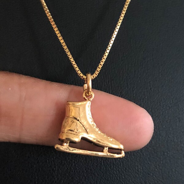 Gold Ice Skate Necklace, Gold Ice Skate Pendant, 24K Gold Plate Over Sterling Silver, Sports Charm Jewelry, Figure Skating Necklace