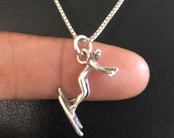 Water Skier Necklace, Sterling Silver Water Skier Pendant, Surfer Charm Pendant, Surfing Sports Jewelry, Surfer Lovers Jewelry, Water Sports