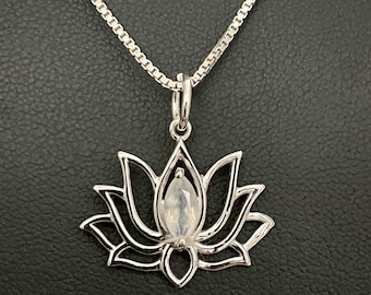 Moonstone Lotus Necklace, Natural Moonstone Pendant, Sterling Silver Moonstone Lotus Pendant, June Birthstone Jewelry, Natural Gemstone