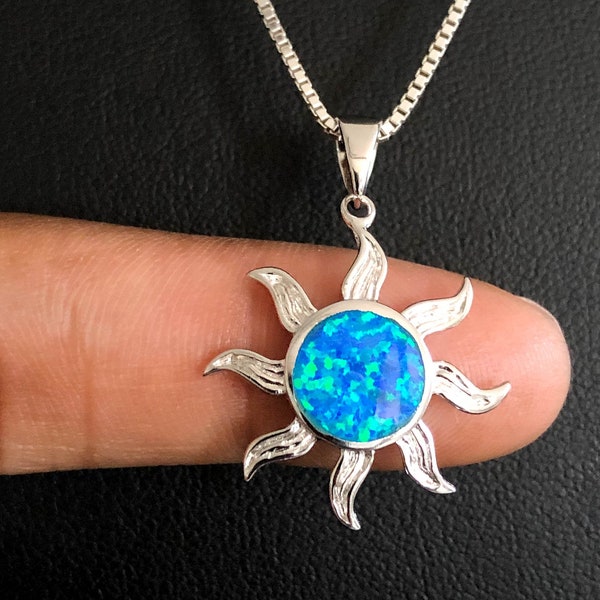 Blue Opal Sun Necklace, Sterling Silver Sunshine Necklace, Sun Charm Pendant, October Birthstone, Celestial Pendant, Bridal Wedding Necklace