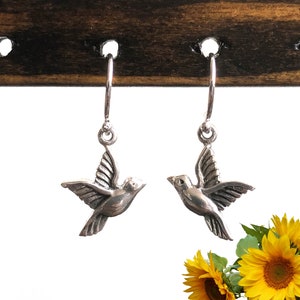 Hummingbird Dangle Earrings, Sterling Silver Hummingbird Earrings, Bridal Wedding Earrings, Hummingbird Gifts, Flying Bird Earrings