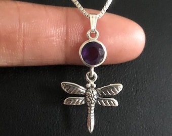 Genuine Amethyst Dragonfly Necklace, Sterling Silver Dragonfly Pendant, February Birthstone, Dragonfly Charm, Natural Gemstone Necklace