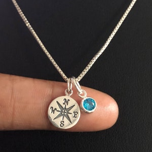 Dainty Compass Necklace, Sterling Silver Compass Pendant, Family Birthstone Necklace, Compass Charm Necklace, Birthstone Astrology Jewelry