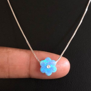 Opal Flower Necklace, Sterling Silver Opal Flower Pendant, CZ Blue Opal Petals, October Birthstone, Bridal Wedding Jewelry, Flower Girl Gift