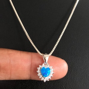 Blue Opal Heart Necklace, Sterling Silver Blue Opal Necklace, Fire Opal Pendant, Cz Wedding Jewelry, October Birthstone, Birthstone Jewelry