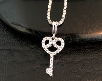 CZ Key Necklace, Sterling Silver Clear CZ Key Necklace, Elegant Heart Key Necklace, Key Charm Pendant, Bridesmaid Gift, Wedding Gift