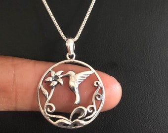 Hummingbird Flower Necklace, Sterling Silver Hummingbird Flower Pendant, Hummingbird Charm, Gift For Girlfriend, Hummingbird Pendant