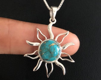 Genuine Turquoise Sun Pendant, Sterling Silver Sunshine Necklace, December Birthstone, Turquoise Celtic Necklace, Natural Gemstone Necklace