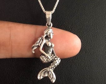 Mermaid Necklace, Sterling Silver Mermaid Pendant, Mermaid Charm Necklace, Nautical Beach Necklace, Aquatic Female Fish Pendant