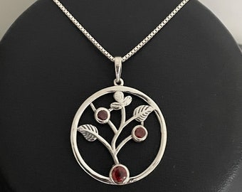 Genuine Garnet Necklace, Tree Of Life Pendant, Sterling Silver Natural Garnet Pendant, January Birthstone Jewelry, Family Tree Necklace