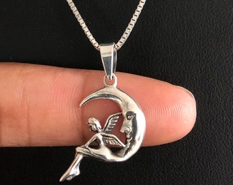 Fairy Moon ketting, Sterling zilveren Fairy Moon hanger, Fairy Crescent Moon sieraden, hemelse charme, magische sieraden, fantasie ketting