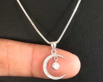 Moon Necklace, Sterling Silver Moon Pendant, Crescent Moon Charm Necklace, Celestial Necklace, CZ Moon Pendant, Gift For Women, Moon Jewelry