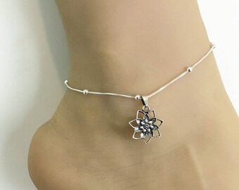Lotusblomma-fotlänk, fotledsarmband i sterlingsilver med pärlor, lycka till-berlocksmycken, bohemiska fotsmycken, fotlänkskedja med lotusblomma-berlock