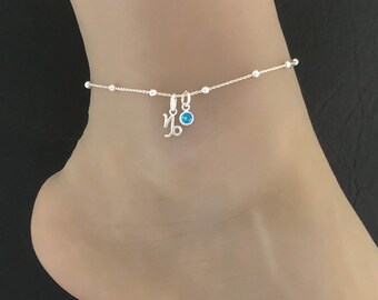 Tobillera de Capricornio, pulsera de tobillo con cuentas de plata de ley, tobillera de piedra de nacimiento de diciembre, tobillera de piedra de nacimiento de enero, tobillera de piedra de nacimiento de Capricornio