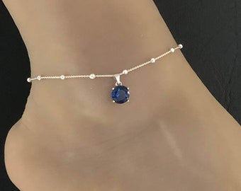 Blue Sapphire Anklet, Sterling Silver Beaded Ankle Bracelet, Sapphire Charm Anklet, Beach Wedding Anklet, Barefoot Jewelry, Bridesmaid Gift
