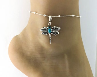 Genuine Turquoise Dragonfly Anklet, Sterling Silver Beaded Ankle Bracelet, Good Luck Charm Jewelry, Dragonfly Charm Anklet, Beach Wedding