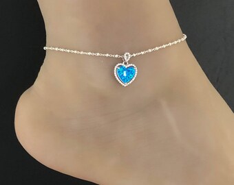 Blue Opal Anklet, Sterling Silver Beaded Ankle Bracelet, Good Luck Charm Jewelry, Fire Opal Charm Anklet, CZ Beach Wedding Anklet Chain