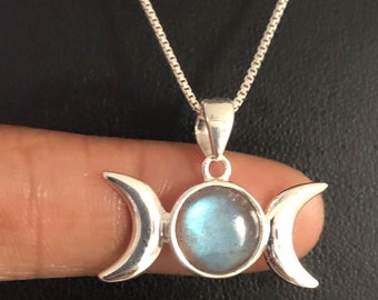 Dreifacher Mond Labradorit Anhänger, Echter Labradorit Anhänger, Sterling Silber Halbmond Anhänger, Natürlicher Edelstein, Heilender Edelstein