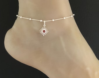 Genuine Garnet Sunshine Anklet, Sterling Silver Beaded Ankle Bracelet, Natural Garnet Sunshine Charm Anklet, January Birthstone Jewelry