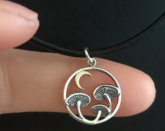 Mushroom Necklace, Sterling Silver Mushroom Pendant, Black Genuine Greek Leather Cord Necklace, Two-Tone Moon Pendant, 2MM/3MM Leather Cord