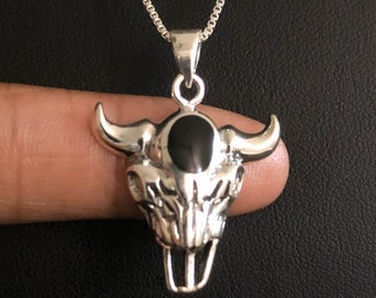 Genuine Black Onyx Bull Necklace, Sterling Silver Longhorn Pendant, December Birthstone Jewelry, Texas  Bull Skull  Charm, Longhorn Necklace