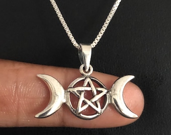 Collier triple lune, pendentif triple lune en argent sterling, pendentif croissant de lune, breloque pentacle lune, breloque lune celtique, collier pentacle