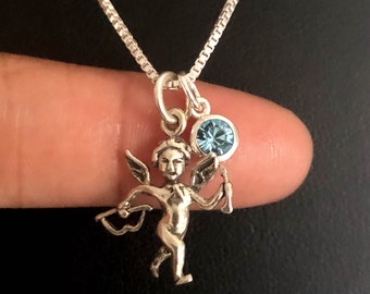 Cupid Necklace, Sterling SilverCupid Pendant, Birthstone Necklace, Birthstone Gifts, Cupid Charm Jewelry, Angel Necklace, Fairy Pendant