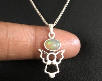 Genuine Ethiopian White Opal Angel Necklace, Sterling Silver Angel Pendant, Angel Charm, Infant Loss Jewelry, Natural White Opal Angel