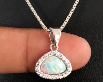 White Opal Necklace, Sterling Silver Opal Necklace, CZ White Opal Necklace, White Opal Pendant, Wedding Necklace, October Birthstone Jewelry