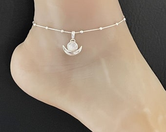 Echte Maansteen Enkelbandje, Sterling Zilver Kralen Enkelbandje, Hemelse Maan Enkelbandje, Halve Maan Charme, Strand Bruiloft Enkelbandje