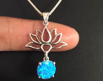Lotus Flower Necklace, Sterling Silver Lotus Flower Pendant, Blue Opal Necklace, Blue Opal Pendant, Bridal Wedding Jewelry, Lotus Blossom