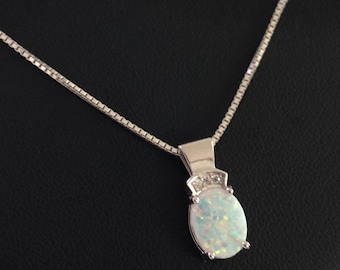 Fire Opal Necklace, Sterling Silver White Opal Necklace, CZ White Opal Pendant, Wedding Necklace, Bridal Jewelry, October Birthstone Jewelry
