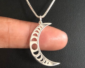 Moon Phase Necklace, Sterling Silver Moon Phase Pendant, Crescent Moon Pendant, Celestial Necklace, Moon Cycle Charm, Astrology Jewelry