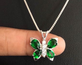 Dainty Emerald Butterfly Necklace, Sterling Silver Butterfly Pendant, May Birthstone Jewelry, CZ Emerald Necklace, Butterfly Charm Pendant