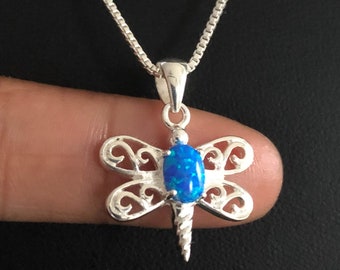 Collar de libélula de ópalo azul, colgante de libélula de plata de ley, colgante de encanto de libélula, joyería de amuleto de buena suerte, joyería de boda nupcial