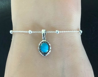 Genuine Turquoise Bracelet, Sterling Silver Beaded Bracelet, Turquoise Charm Bracelet, Stackable Bracelet, Everyday Wear, Casual Bracelet