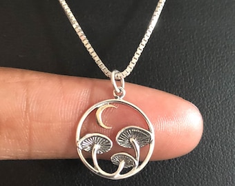 Mushroom Necklace, Sterling Silver Mushroom Pendant, Two Tone Crescent Moon Pendant, Celestial Necklace, Mushroom Charm Jewelry
