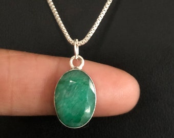 Natural Emerald Necklace, Genuine Emerald Pendant, Sterling Silver Emerald Necklace, May Birthstone Jewelry, Natural Gemstone Necklace