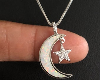 Moon Star Necklace, Sterling Silver Moon & Star Pendant, White Opal Necklace, Crescent Star Necklace, Celestial Necklace, Opal Charm Pendant