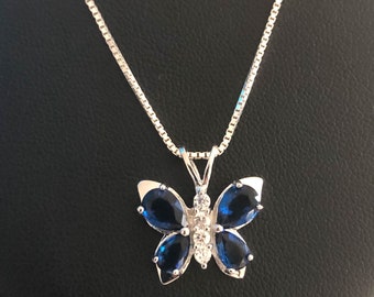 Blue Sapphire Butterfly Necklace, Sterling Silver Butterfly Pendant, September Birthstone Jewelry, Sapphire Necklace, Dainty Butterfly Charm