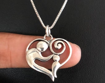 Mother and Child Necklace, Mother and Child Pendant, Sterling Silver Heart Necklace, Heart Charm Pendant, Gift For Mom, Mother Necklace