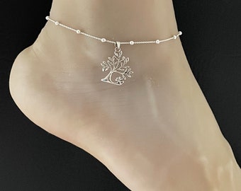 Tree Of Life Anklet, Sterling Silver Beaded Ankle Bracelet, Anklet Silver Charm, Family Tree Charm Anklet, Barefoot Anklet, Beach Wedding