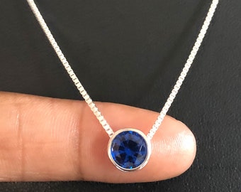 Minimalist Blue Sapphire Necklace, Sterling Silver Blue Sapphire Pendant, September Birthstone Jewelry, Sapphire Slider Necklace, Girls Gift