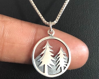 Collana In Argento 925 Con Pendente Tramonto Alberi Montagna Uccellino