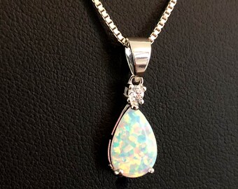 Opal Necklace, Sterling Silver White Opal Necklace, Cz Wedding Jewelry, October Birthstone, Opal Pendant, Birthstone Jewelry, Bridal Jewelry