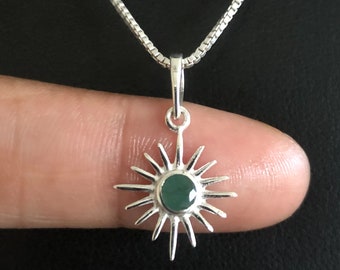 Natural Emerald Sunshine Pendant, Dainty Emerald Sunshine Necklace, Sterling Silver Sun Necklace, May Birthstone, Natural Gemstone Jewelry