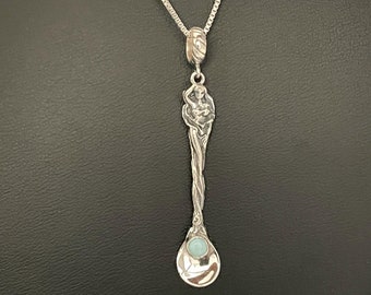 Natural Larimar Mermaid Necklace, Sterling Silver Larimar Mermaid Pendant, March Birthstone, April Birthstone, Magical Mermaid Charm Jewelry