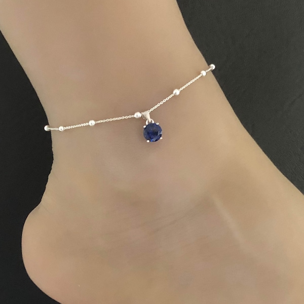 Blue Sapphire Anklet, Sterling Silver Beaded Ankle Bracelet, Sapphire Charm Anklet, Beach Wedding Anklet, Barefoot Jewelry, Bridesmaid Gift